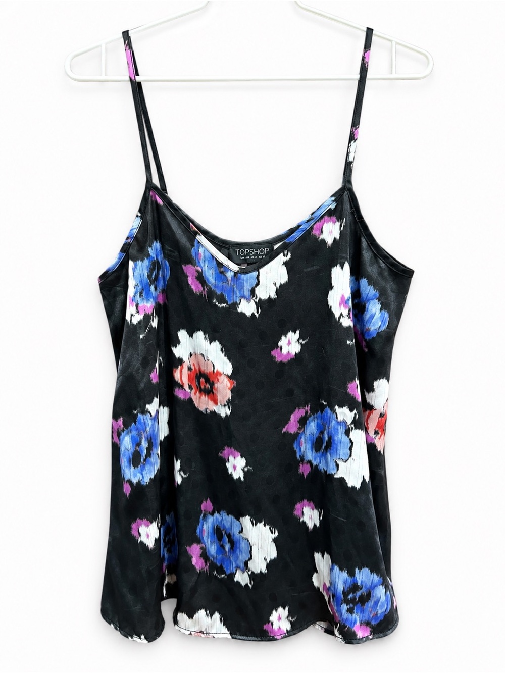 TopShop Black Camisole with Blue, Purple and White Floral Print. Size 2